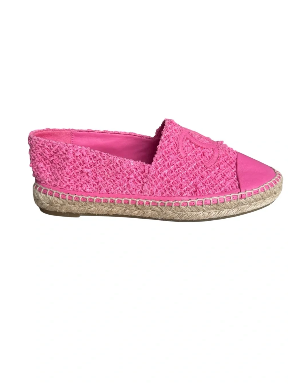 🆕 CHANEL CC Interlocking Tweed Pink Espadrille Flats